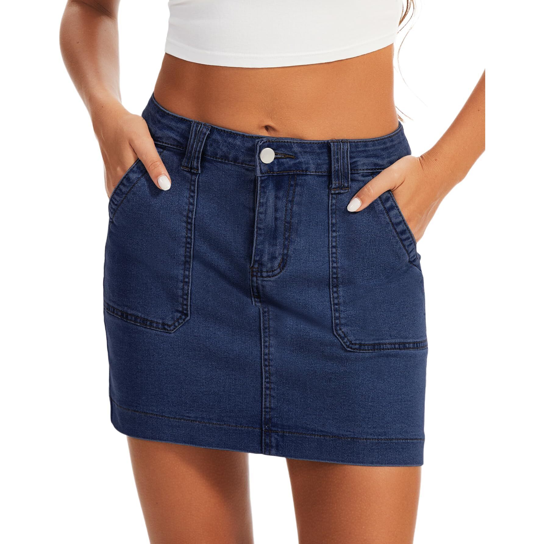 8954 Denim Skirts Stretchy High Waisted Jean Skirt With Large Pockets
